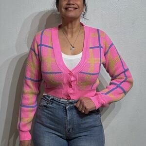 Missguided Pink Plaid Cropped Cardigan Sz 2 NWOT